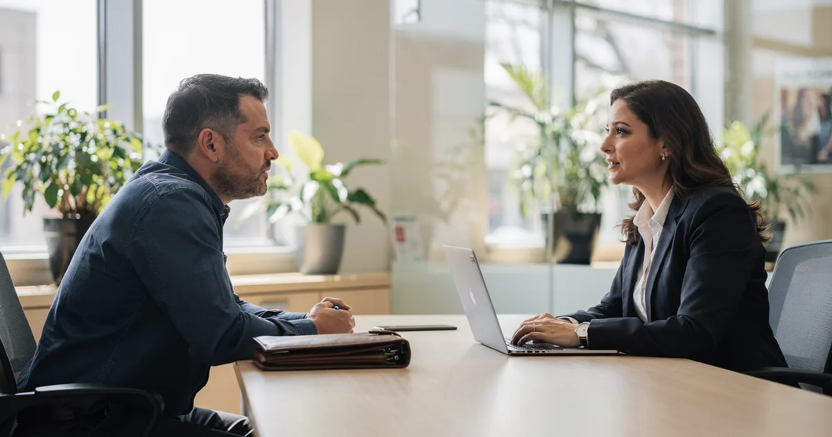 A business owner and a banker talk across a desk in a bright office, with a leather folio and a laptop between them